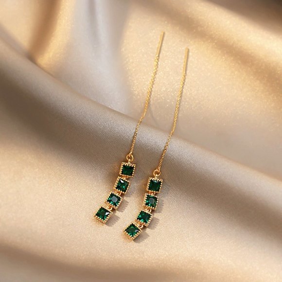 đ 18K Yellow Gold Plating Emerald Dangle Earrings For Women, HA4520 - Picture 3 of 6